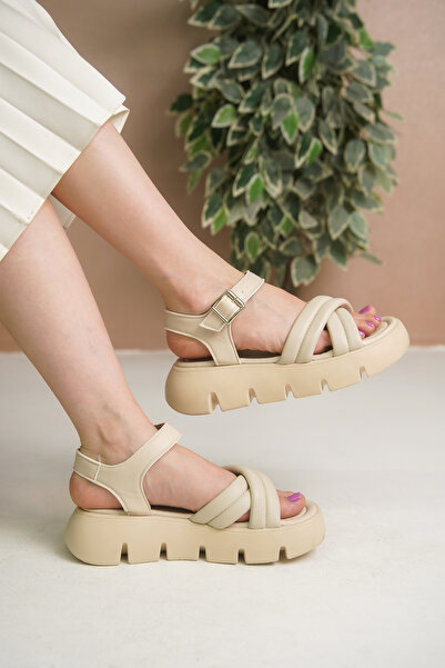 Craftique Sandale crem pentru femei Papuci de plajă Tocuri groase Cataramă re...