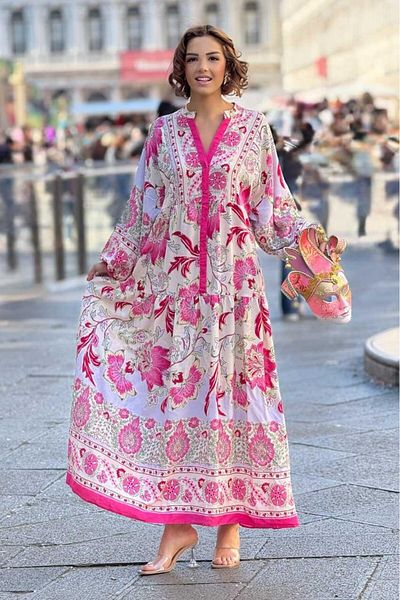 Nevin Kaya Moda Pink Color Portofino Pattern Long Dress