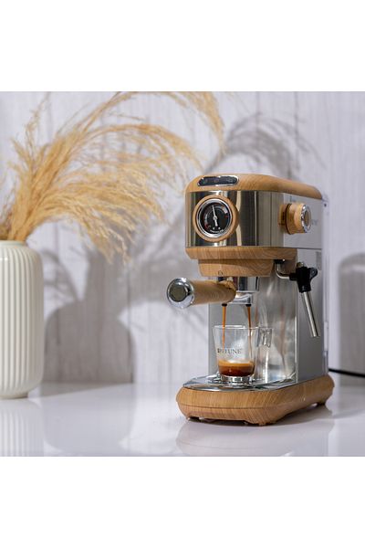 rebune Espresso Coffee Machine 1450w 1l - 15 Bar - Silver & Wood Color- Re-6-034