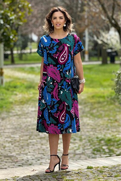 Nevin Kaya Moda Rochie de vară din viscoză 100% bumbac cu model șal negru