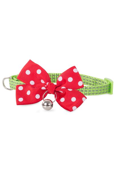 zola Adjustable dog collar made of green fabric with red bow and bell