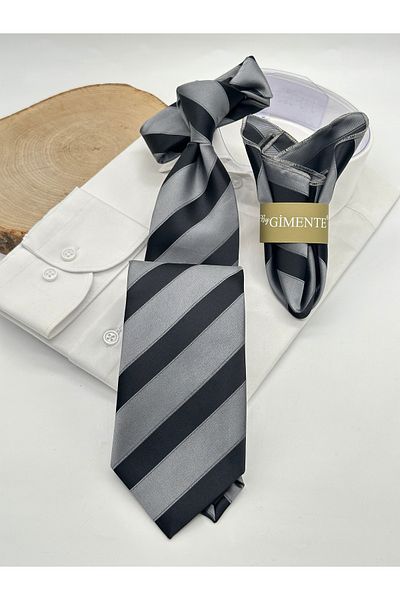 Gutiero Gray Black Striped Classic Tie with Handkerchief