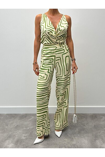 Maldia Shop Women's Modern Patterned Green Blouse Pants Suit