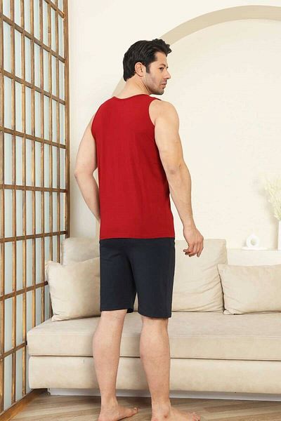 ALİMER Men's Crew Neck Buttonless 100% Cotton Athlete Sleeves Pocket Shorts Pajama Set