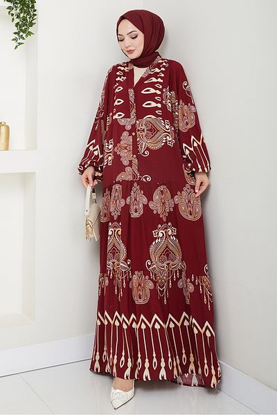 Bestenur Nihar Φόρεμα με μισό κουμπί υφαντό βισκόζη 1495 - Claret Red