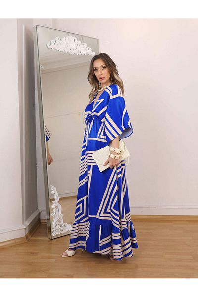 QİMYA BUTİK Buketli̇ Women Front & Back V Neck Patterned Cotton Satin Maxi Length Dress