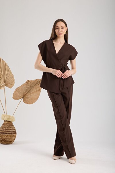 amurpars Brown Vest Pants Bottom Top Women's Set