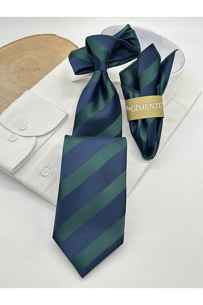 Gutiero Green Navy Blue Striped Classic Tie with Handkerchief