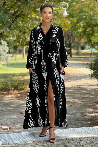 Nevin Kaya Moda Rochie cămașă neagră cu model etnic