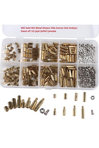 Hatfon Elektronik 300 Adet M2 Metal Distans Vida Somun Seti Aralıyıcı Stand off 10 Çeşit Şeffaf Çantada