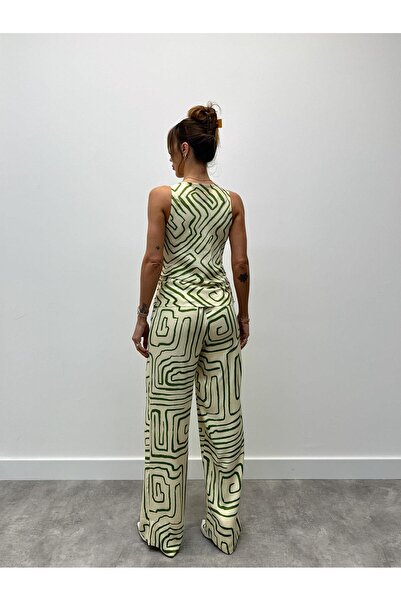 Maldia Shop Women's Modern Patterned Green Blouse Pants Suit
