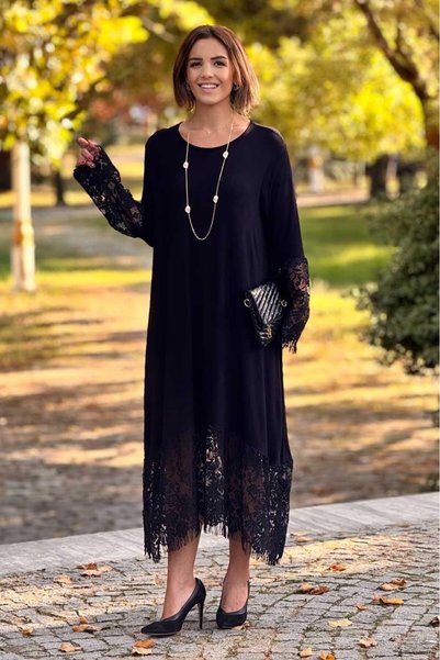 Nevin Kaya Moda Siyah Fransız Dantelli Elbise