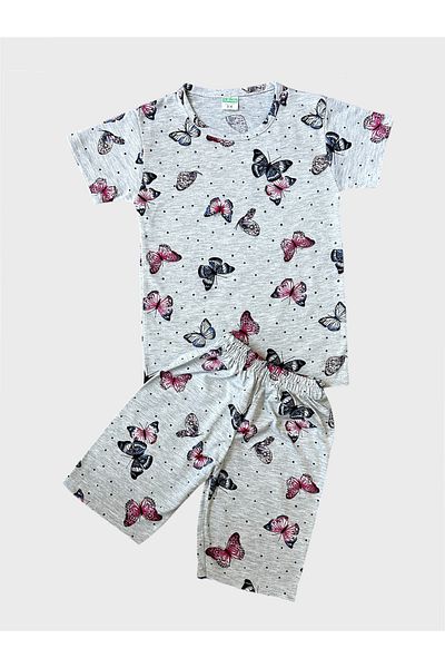 TOFU KİDS Girl's Cotton Gray Color Butterflies Patterned Short Sleeve Shorts Summer Pajama Set