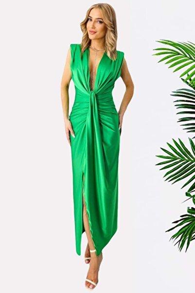 FashionForYou Ilaria satin dress, tapered cut and deep neckline, Green