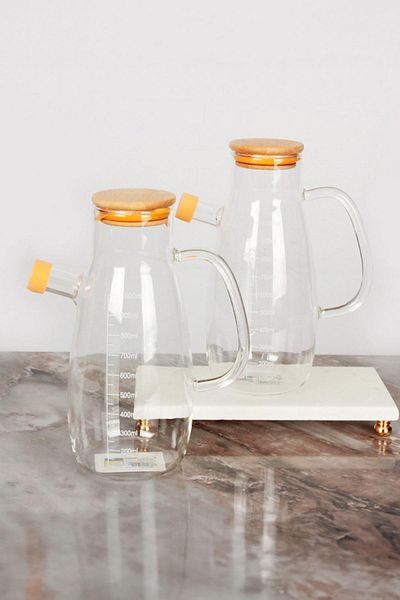 Pikas Bamboo Lid Vacuum Borosilicate Set of 2 Glass Oil Vinegar Bowl. No Stand.