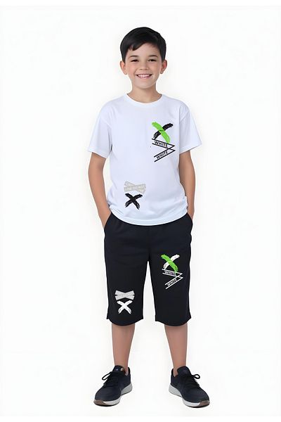 FYK KİDS Men's Capri Tracksuit Set - Text Printed, Bottom-Top Set