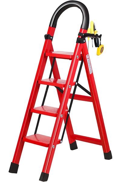 VINNYSEN 4 Step Ladder, Steel Folding Ladder Stool with Tool Rack, Non-Slip Treads, Folding Ladder for Home