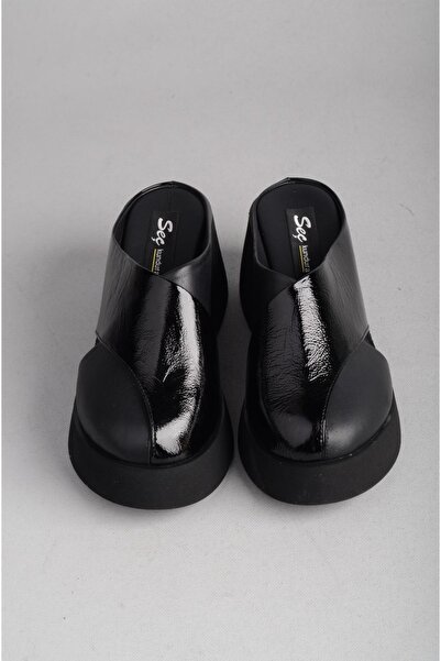SEÇ KUNDURA Seç 883649 Genuine Leather Platform Heeled Women's Slippers (Heel Height: 7cm) Black Patent Leather
