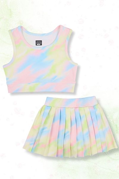 Beniizle Pantaloni scurți cu model Tie Dye cu fustă Crop Set sport pentru fete