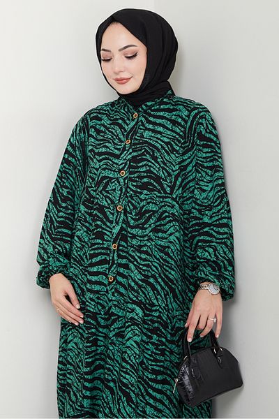 Bestenur Disra Half Button Woven Viscose Dress 1521 - Green