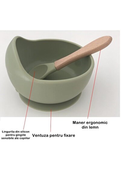 Flippy Set Diversificare 8 piese, Farfurie și bol ventuză, Tacâmuri lemn și silicon, Verde închis