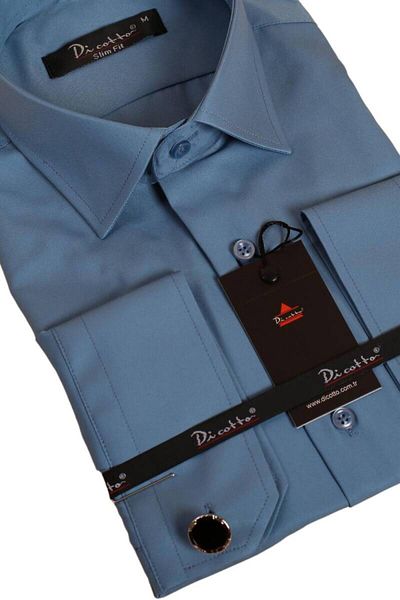 Dicotto Тюркоазена мъжка риза Slim Fit от микро плат - Slim Cut, копчета за ръкавели - 201-18