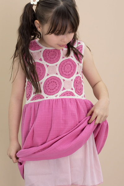 Cansın Mini Φούξια Δαντέλα Κεντημένο Μηδενικό Μανίκι Κοριτσίστικο Μουσελίνα Φόρεμα 21024