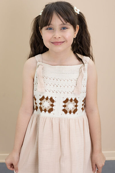 Cansın Mini Μπεζ δαντέλα με λεπτομέρεια με λουράκι για κορίτσια μουσελίνα φόρεμα 21021