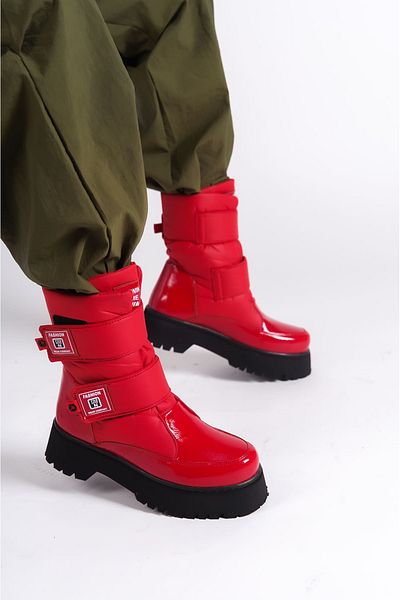 Zerenyus Elısa Velcro Parachute Fabric Patent Leather Women's Boots - Red