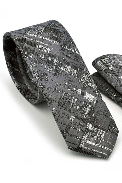 Gaffy Siyah Beyaz Motif Desenli Gri Dokuma Kumaş Mendilli Slim Fit Kravat / S...