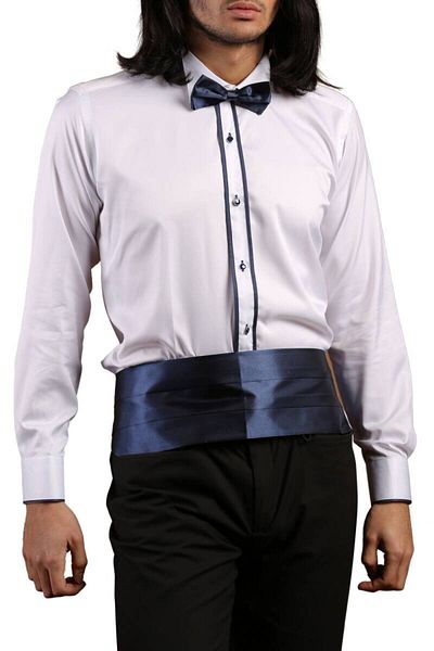 Dicotto Λευκό Navy Blue Slim Fit πουκάμισο σμόκιν - Διπλό κορδόνι, Γαμπρός γιακάς, Μανικετόκουμπα - 011