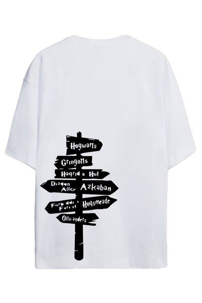 donamod Tricou alb oversize unisex cu imprimeu la spate Hogwarts Harry Potter