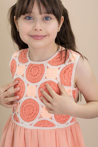 Cansın Mini Rochie din muselina pentru fete cu maneca zero brodata din dantela portocalie 21026
