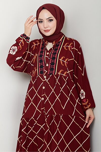 Bestenur Bat Sleeve Half Button Woven Viscose Dress 1483 - Burgundy