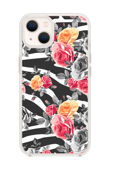 mooodcase iPhone 13 Uyumlu Zebra Gülleri Desenli Şeffaf Silikonlu Telefon Kılıfı