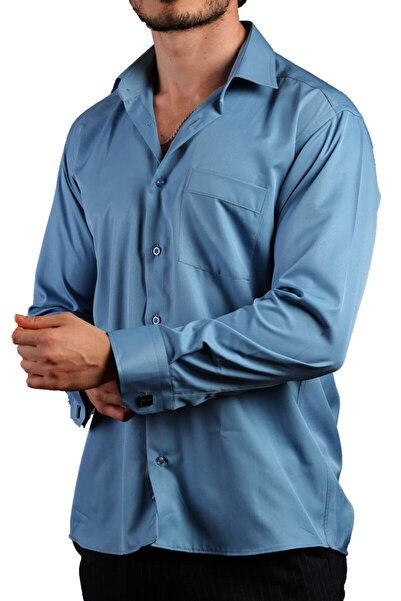Dicotto Turquoise Blue Large Size Comfortable Cut Micro Fabric Regular Fit Men's Shirt with Cufflinks - 190-18