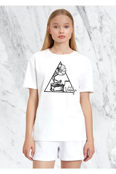 donamod Tricou obișnuit cu imprimeu gramofon vintage pentru femei