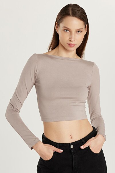 Tudors Women's Slim Fit Slim Fit Crew Neck Back Detailed Mink Blouse