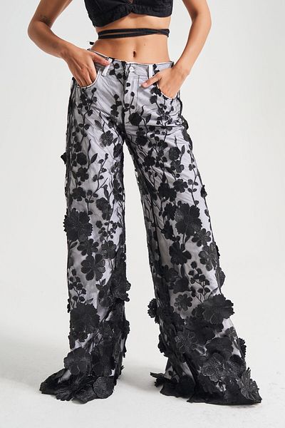 its basic Women's White Color Black Floral Lace Tulle Detailed Palazzo Fit Special Design Denim Jean