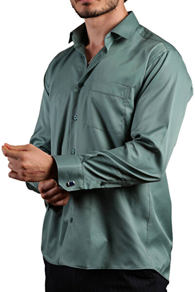 Dicotto Large Size Khaki Green Micro Fabric Men's Shirt - Comfortable Fit, Cufflinks, Regular Fit