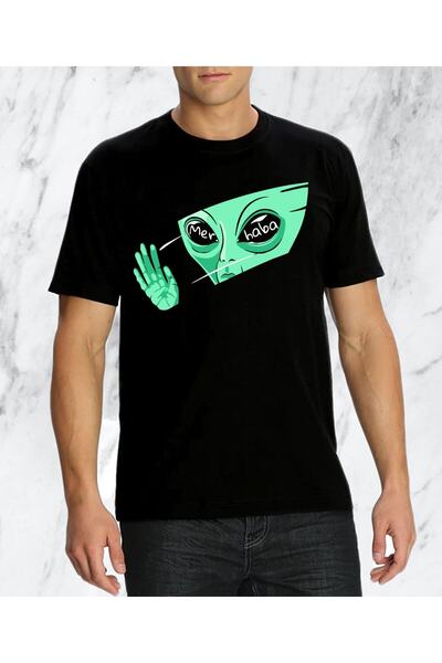 donamod Tricou negru obișnuit cu design Alien OZN pentru bărbați
