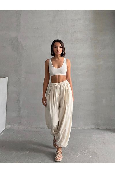 BEJNA Beigefarbene Ballonhose aus Leinen mit Struktur für Frauen