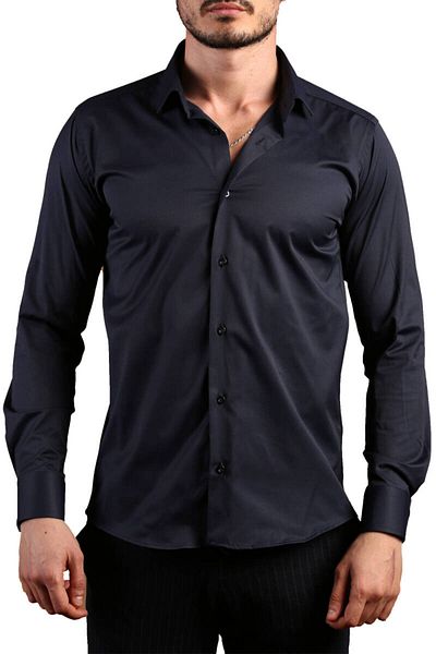 Dicotto Екстра слим крой от гъвкав микро плат от ликра - мъжка риза Slim Fit с копчета за ръкавели, тъмносиня - 195-12