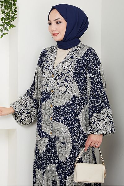 Bestenur Eysar Φόρεμα με μισό κουμπί υφαντό βισκόζη 1494 - Navy Blue