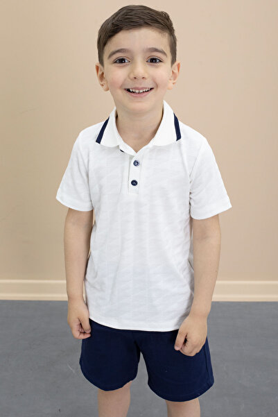 Cansın Mini Синій поло з коміром на ґудзиках, футболка та шорти для хлопчиків, комплект із 2 предметів 21105