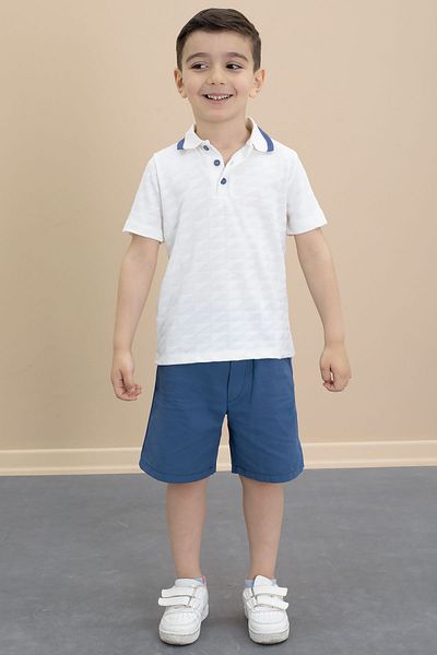 Cansın Mini Tricou cu nasturi cu gât polo Indigo și pantaloni scurți pentru băiat Set 2 piese 21107