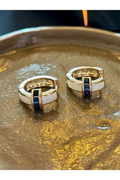 SE Jewellery Collection Selin Ersoy C White Enameled Navy Blue Stone Detailed Stylish Women's Hoop Earrings 1.7 cm