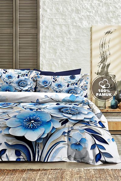 MonoHome 100% Cotton Ranforce Dowry Luxury 5D Digital Double Duvet Cover Set Blue
