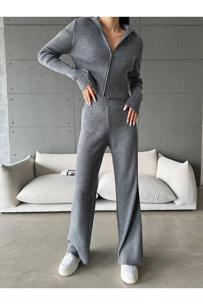 NZL TEKSTİL Dgn's Zippered 2-Piece Cardigan-Pants Suit