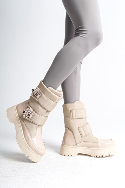 Zerenyus Elisa Velcro Parachute Fabric Patent Leather Γυναικείες Μπότες - Κρέμα